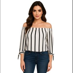 Express White & Black Striped Off-Shoulder Top – Size XS